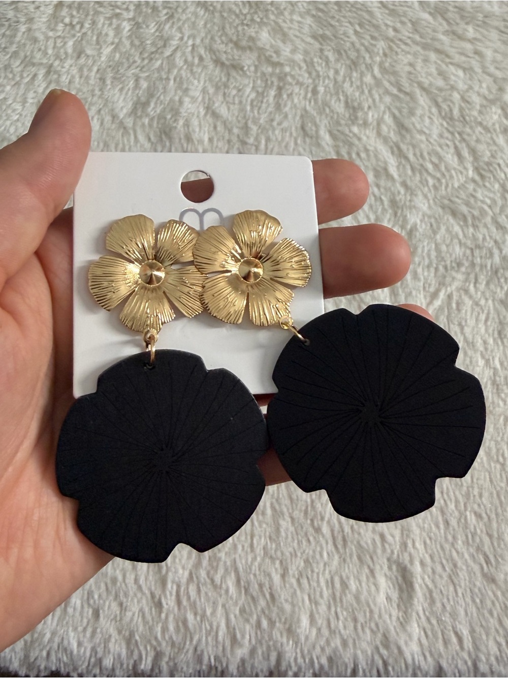 Gold Floral Top with Black Drop Flower Earrings